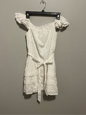 Parisian Works Cream Eyelet Off-Shoulder Mini Dress with Tie